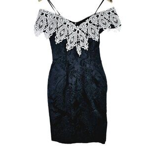 Vintage 1980's Scott McClintock Jacquard Satin Lace Off the Shoulder Dress, Sz 4